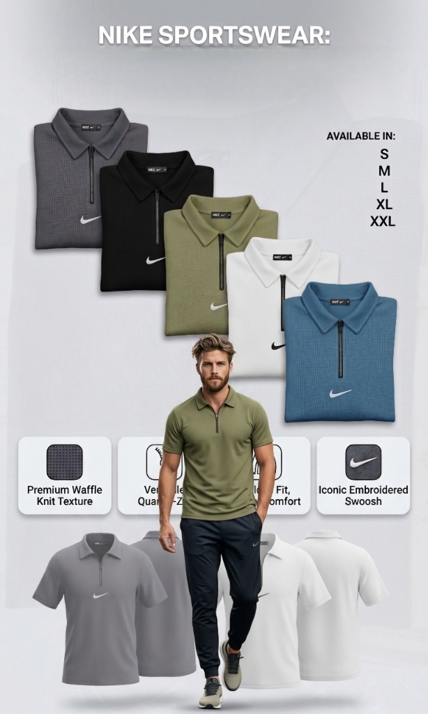 Nike Sportswear polo — model wearing olive polo with all color variants shown